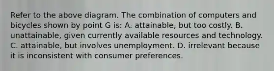 Refer to the above diagram. The combination of computers and bicycles shown by point G is: A. attainable, but too costly. B. unattainable, given currently available resources and technology. C. attainable, but involves unemployment. D. irrelevant because it is inconsistent with consumer preferences.