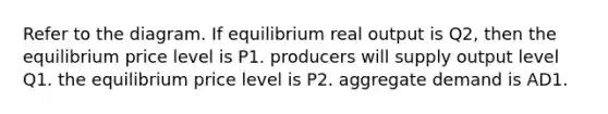 Refer to the diagram. If equilibrium real output is Q2, then the equilibrium price level is P1. producers will supply output level Q1. the equilibrium price level is P2. aggregate demand is AD1.