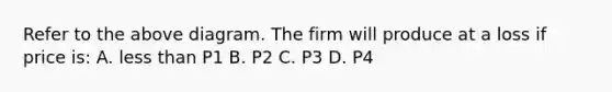 Refer to the above diagram. The firm will produce at a loss if price is: A. less than P1 B. P2 C. P3 D. P4