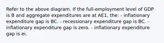 Refer to the above diagram. If the full-employment level of GDP is B and aggregate expenditures are at AE1, the: - inflationary expenditure gap is BC. - recessionary expenditure gap is BC. - inflationary expenditure gap is zero. - inflationary expenditure gap is ei.