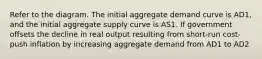 Refer to the diagram. The initial aggregate demand curve is AD1, and the initial aggregate supply curve is AS1. If government offsets the decline in real output resulting from short-run cost-push inflation by increasing aggregate demand from AD1 to AD2