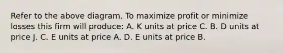 Refer to the above diagram. To maximize profit or minimize losses this firm will produce: A. K units at price C. B. D units at price J. C. E units at price A. D. E units at price B.