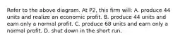 Refer to the above diagram. At P2, this firm will: A. produce 44 units and realize an economic profit. B. produce 44 units and earn only a normal profit. C. produce 68 units and earn only a normal profit. D. shut down in the short run.