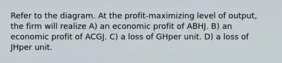 Refer to the diagram. At the profit-maximizing level of output, the firm will realize A) an economic profit of ABHJ. B) an economic profit of ACGJ. C) a loss of GHper unit. D) a loss of JHper unit.