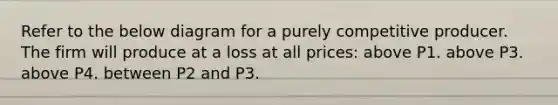 Refer to the below diagram for a purely competitive producer. The firm will produce at a loss at all prices: above P1. above P3. above P4. between P2 and P3.