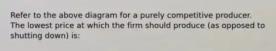 Refer to the above diagram for a purely competitive producer. The lowest price at which the firm should produce (as opposed to shutting down) is: