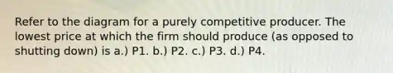 Refer to the diagram for a purely competitive producer. The lowest price at which the firm should produce (as opposed to shutting down) is a.) P1. b.) P2. c.) P3. d.) P4.