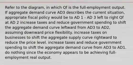 Refer to the diagram, in which Qf is the full-employment output. If aggregate demand curve AD3 describes the current situation, appropriate fiscal policy would be to AD 1 - AD 3 left to right Qf at AD 2 increase taxes and reduce government spending to shift the aggregate demand curve leftward from AD3 to AD2, assuming downward price flexibility. increase taxes on businesses to shift the aggregate supply curve rightward to reduce the price level. increase taxes and reduce government spending to shift the aggregate demand curve from AD3 to AD1. do nothing since the economy appears to be achieving full-employment real output.