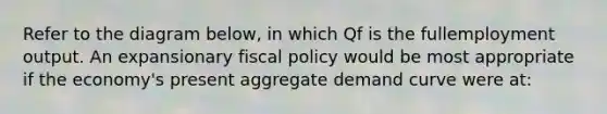 Refer to the diagram below, in which Qf is the fullemployment output. An expansionary fiscal policy would be most appropriate if the economy's present aggregate demand curve were at: