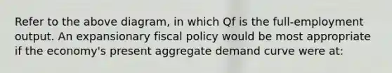 Refer to the above diagram, in which Qf is the full-employment output. An expansionary fiscal policy would be most appropriate if the economy's present aggregate demand curve were at: