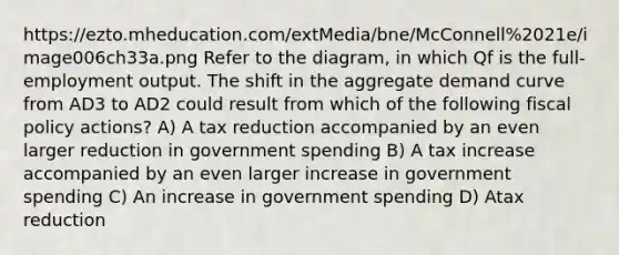 https://ezto.mheducation.com/extMedia/bne/McConnell%2021e/image006ch33a.png Refer to the diagram, in which Qf is the full-employment output. The shift in the aggregate demand curve from AD3 to AD2 could result from which of the following fiscal policy actions? A) A tax reduction accompanied by an even larger reduction in government spending B) A tax increase accompanied by an even larger increase in government spending C) An increase in government spending D) Atax reduction