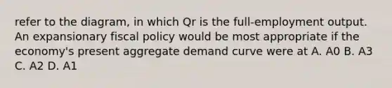 refer to the diagram, in which Qr is the full-employment output. An expansionary fiscal policy would be most appropriate if the economy's present aggregate demand curve were at A. A0 B. A3 C. A2 D. A1