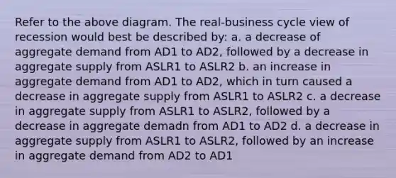 Refer to the above diagram. The real-business cycle view of recession would best be described by: a. a decrease of aggregate demand from AD1 to AD2, followed by a decrease in aggregate supply from ASLR1 to ASLR2 b. an increase in aggregate demand from AD1 to AD2, which in turn caused a decrease in aggregate supply from ASLR1 to ASLR2 c. a decrease in aggregate supply from ASLR1 to ASLR2, followed by a decrease in aggregate demadn from AD1 to AD2 d. a decrease in aggregate supply from ASLR1 to ASLR2, followed by an increase in aggregate demand from AD2 to AD1