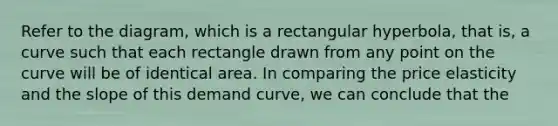 Refer to the diagram, which is a rectangular hyperbola, that is, a curve such that each rectangle drawn from any point on the curve will be of identical area. In comparing the price elasticity and the slope of this demand curve, we can conclude that the