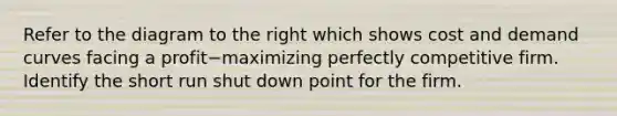 Refer to the diagram to the right which shows cost and demand curves facing a profit−maximizing perfectly competitive firm. Identify the short run shut down point for the firm.