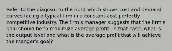 Refer to the diagram to the right which shows cost and demand curves facing a typical firm in a constant-cost perfectly competitive industry. The firm's manager suggests that the firm's goal should be to maximize average profit. in that case, what is the output level and what is the average profit that will achieve the manger's goal?