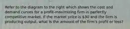 Refer to the diagram to the right which shows the cost and demand curves for a profit-maximizing firm in perfectly competitive market. If the market price is 30 and the firm is producing output, what is the amount of the firm's profit or loss?