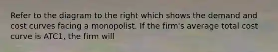 Refer to the diagram to the right which shows the demand and cost curves facing a monopolist. If the​ firm's average total cost curve is ATC1​, the firm will