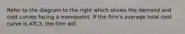 Refer to the diagram to the right which shows the demand and cost curves facing a monopolist. If the​ firm's average total cost curve is ATC3​, the firm will