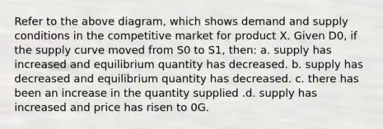 Refer to the above diagram, which shows demand and supply conditions in the competitive market for product X. Given D0, if the supply curve moved from S0 to S1, then: a. supply has increased and equilibrium quantity has decreased. b. supply has decreased and equilibrium quantity has decreased. c. there has been an increase in the quantity supplied .d. supply has increased and price has risen to 0G.