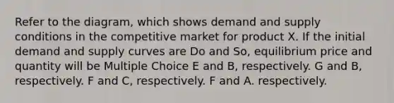 Refer to the diagram, which shows demand and supply conditions in the competitive market for product X. If the initial demand and supply curves are Do and So, equilibrium price and quantity will be Multiple Choice E and B, respectively. G and B, respectively. F and C, respectively. F and A. respectively.