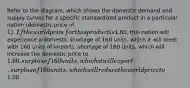 Refer to the diagram, which shows the domestic demand and supply curves for a specific standardized product in a particular nation (domestic price of 1). If the world price for this product is1.60, this nation will experience a domestic shortage of 160 units, which it will meet with 160 units of imports. shortage of 160 units, which will increase the domestic price to 1.60. surplus of 160 units, which it will export. surplus of 160 units, which will reduce the world price to1.00