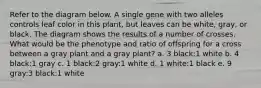 Refer to the diagram below. A single gene with two alleles controls leaf color in this plant, but leaves can be white, gray, or black. The diagram shows the results of a number of crosses. What would be the phenotype and ratio of offspring for a cross between a gray plant and a gray plant? a. 3 black:1 white b. 4 black:1 gray c. 1 black:2 gray:1 white d. 1 white:1 black e. 9 gray:3 black:1 white