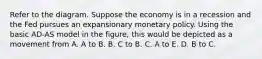 Refer to the diagram. Suppose the economy is in a recession and the Fed pursues an expansionary monetary policy. Using the basic AD-AS model in the​ figure, this would be depicted as a movement from A. A to B. B. C to B. C. A to E. D. B to C.