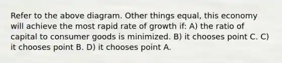 Refer to the above diagram. Other things equal, this economy will achieve the most rapid rate of growth if: A) the ratio of capital to consumer goods is minimized. B) it chooses point C. C) it chooses point B. D) it chooses point A.