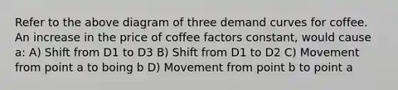 Refer to the above diagram of three demand curves for coffee. An increase in the price of coffee factors constant, would cause a: A) Shift from D1 to D3 B) Shift from D1 to D2 C) Movement from point a to boing b D) Movement from point b to point a