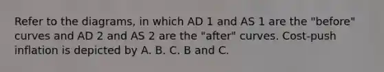 Refer to the diagrams, in which AD 1 and AS 1 are the "before" curves and AD 2 and AS 2 are the "after" curves. Cost-push inflation is depicted by A. B. C. B and C.