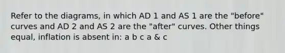 Refer to the diagrams, in which AD 1 and AS 1 are the "before" curves and AD 2 and AS 2 are the "after" curves. Other things equal, inflation is absent in: a b c a & c