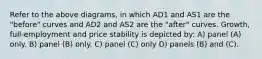 Refer to the above diagrams, in which AD1 and AS1 are the "before" curves and AD2 and AS2 are the "after" curves. Growth, full-employment and price stability is depicted by: A) panel (A) only. B) panel (B) only. C) panel (C) only D) panels (B) and (C).