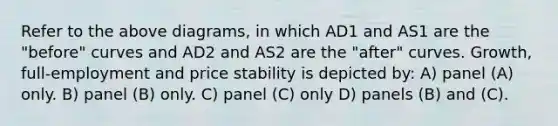 Refer to the above diagrams, in which AD1 and AS1 are the "before" curves and AD2 and AS2 are the "after" curves. Growth, full-employment and price stability is depicted by: A) panel (A) only. B) panel (B) only. C) panel (C) only D) panels (B) and (C).