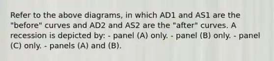 Refer to the above diagrams, in which AD1 and AS1 are the "before" curves and AD2 and AS2 are the "after" curves. A recession is depicted by: - panel (A) only. - panel (B) only. - panel (C) only. - panels (A) and (B).