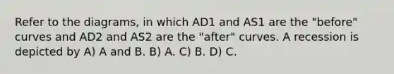 Refer to the diagrams, in which AD1 and AS1 are the "before" curves and AD2 and AS2 are the "after" curves. A recession is depicted by A) A and B. B) A. C) B. D) C.