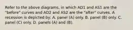 Refer to the above diagrams, in which AD1 and AS1 are the "before" curves and AD2 and AS2 are the "after" curves. A recession is depicted by: A. panel (A) only. B. panel (B) only. C. panel (C) only. D. panels (A) and (B).