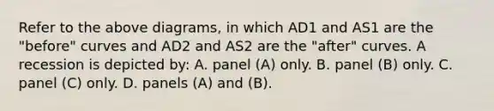 Refer to the above diagrams, in which AD1 and AS1 are the "before" curves and AD2 and AS2 are the "after" curves. A recession is depicted by: A. panel (A) only. B. panel (B) only. C. panel (C) only. D. panels (A) and (B).