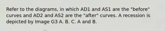 Refer to the diagrams, in which AD1 and AS1 are the "before" curves and AD2 and AS2 are the "after" curves. A recession is depicted by Image G3 A. B. C. A and B.