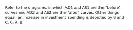 Refer to the diagrams, in which AD1 and AS1 are the "before" curves and AD2 and AS2 are the "after" curves. Other things equal, an increase in investment spending is depicted by B and C. C. A. B.