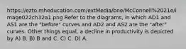 https://ezto.mheducation.com/extMedia/bne/McConnell%2021e/image022ch32a1.png Refer to the diagrams, in which AD1 and AS1 are the "before" curves and AD2 and AS2 are the "after" curves. Other things equal, a decline in productivity is depicted by A) B. B) B and C. C) C. D) A.