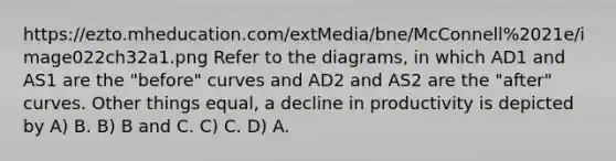 https://ezto.mheducation.com/extMedia/bne/McConnell%2021e/image022ch32a1.png Refer to the diagrams, in which AD1 and AS1 are the "before" curves and AD2 and AS2 are the "after" curves. Other things equal, a decline in productivity is depicted by A) B. B) B and C. C) C. D) A.