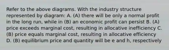 Refer to the above diagrams. With the industry structure represented by diagram: A. (A) there will be only a normal profit in the long run, while in (B) an economic profit can persist B. (A) price exceeds marginal cost, resulting in allocative inefficiency C. (B) price equals marginal cost, resulting in allocative efficiency D. (B) equilibrium price and quantity will be e and h, respectively