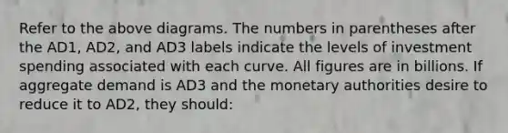 Refer to the above diagrams. The numbers in parentheses after the AD1, AD2, and AD3 labels indicate the levels of investment spending associated with each curve. All figures are in billions. If aggregate demand is AD3 and the monetary authorities desire to reduce it to AD2, they should: