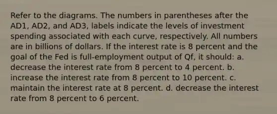 Refer to the diagrams. The numbers in parentheses after the AD1, AD2, and AD3, labels indicate the levels of investment spending associated with each curve, respectively. All numbers are in billions of dollars. If the interest rate is 8 percent and the goal of the Fed is full-employment output of Qf, it should: a. decrease the interest rate from 8 percent to 4 percent. b. increase the interest rate from 8 percent to 10 percent. c. maintain the interest rate at 8 percent. d. decrease the interest rate from 8 percent to 6 percent.