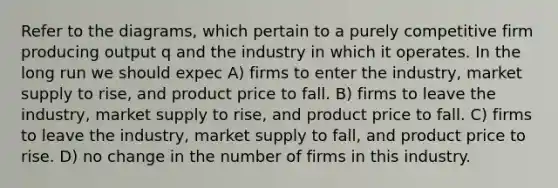 Refer to the diagrams, which pertain to a purely competitive firm producing output q and the industry in which it operates. In the long run we should expec A) firms to enter the industry, market supply to rise, and product price to fall. B) firms to leave the industry, market supply to rise, and product price to fall. C) firms to leave the industry, market supply to fall, and product price to rise. D) no change in the number of firms in this industry.