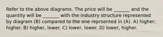 Refer to the above diagrams. The price will be _______ and the quantity will be _______ with the industry structure represented by diagram (B) compared to the one reprsented in (A). A) higher; higher. B) higher, lower. C) lower, lower. D) lower, higher.