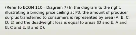 (Refer to ECON 110 - Diagram 7) In the diagram to the​ right, illustrating a binding price ceiling at P3​, the amount of producer surplus transferred to consumers is represented by area (A, B, C, D, E) and the deadweight loss is equal to areas (D and E, A and B, C and E, B and D).