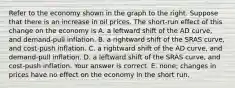 Refer to the economy shown in the graph to the right. Suppose that there is an increase in oil prices. The​ short-run effect of this change on the economy is A. a leftward shift of the AD​ curve, and​ demand-pull inflation. B. a rightward shift of the SRAS​ curve, and​ cost-push inflation. C. a rightward shift of the AD​ curve, and​ demand-pull inflation. D. a leftward shift of the SRAS​ curve, and​ cost-push inflation. Your answer is correct. E. ​none; changes in prices have no effect on the economy in the short run.