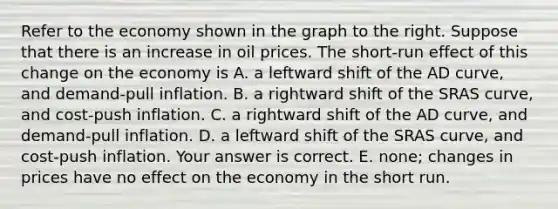 Refer to the economy shown in the graph to the right. Suppose that there is an increase in oil prices. The​ short-run effect of this change on the economy is A. a leftward shift of the AD​ curve, and​ demand-pull inflation. B. a rightward shift of the SRAS​ curve, and​ cost-push inflation. C. a rightward shift of the AD​ curve, and​ demand-pull inflation. D. a leftward shift of the SRAS​ curve, and​ cost-push inflation. Your answer is correct. E. ​none; changes in prices have no effect on the economy in the short run.